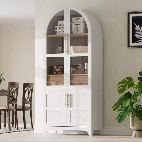 Zeus & Ruta 71 Arched Kitchen Pantry Cabinet with Glass Door, Adjustable Shelves, Hidden Drawer & Door Racks