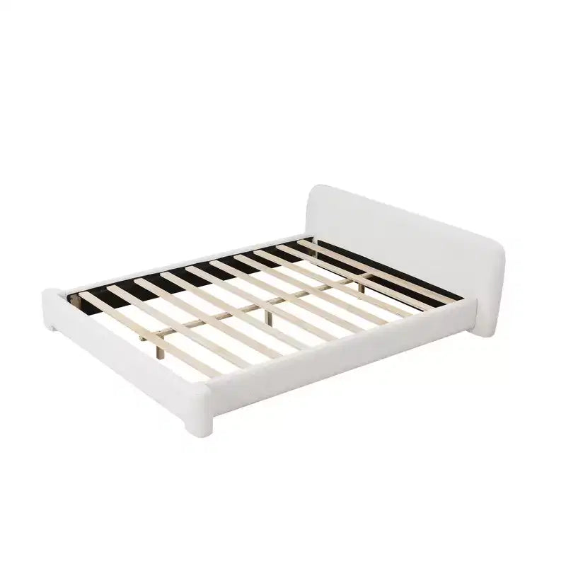 White Boucle Upholstered Bed Frame with Soft Curved Profile, Durable Wood Support and Easy Assembly for Cozy Modern Bedrooms, King