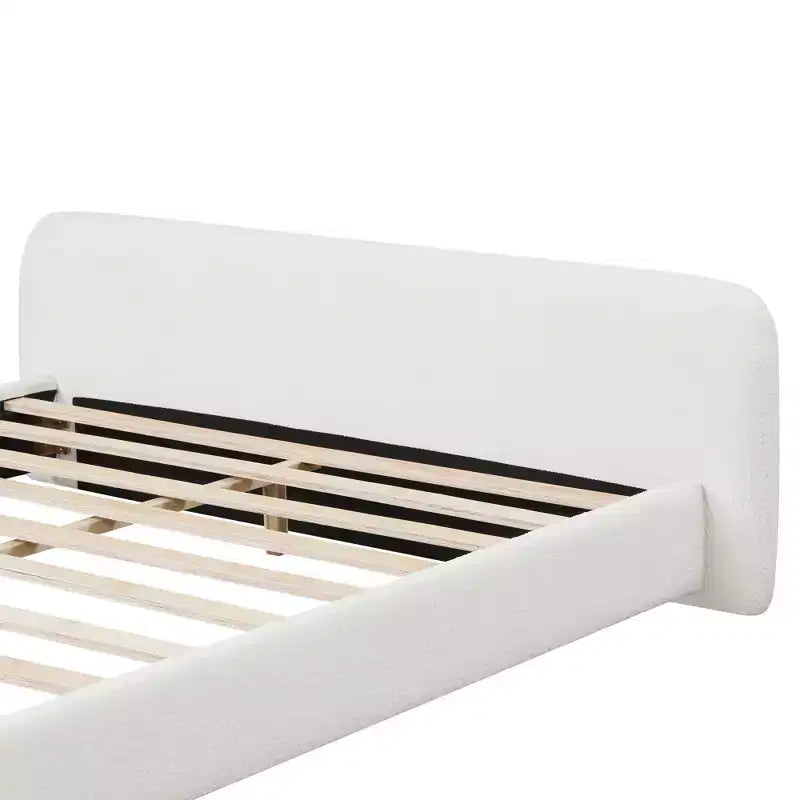 White Boucle Upholstered Bed Frame with Soft Curved Profile, Durable Wood Support and Easy Assembly for Cozy Modern Bedrooms, King