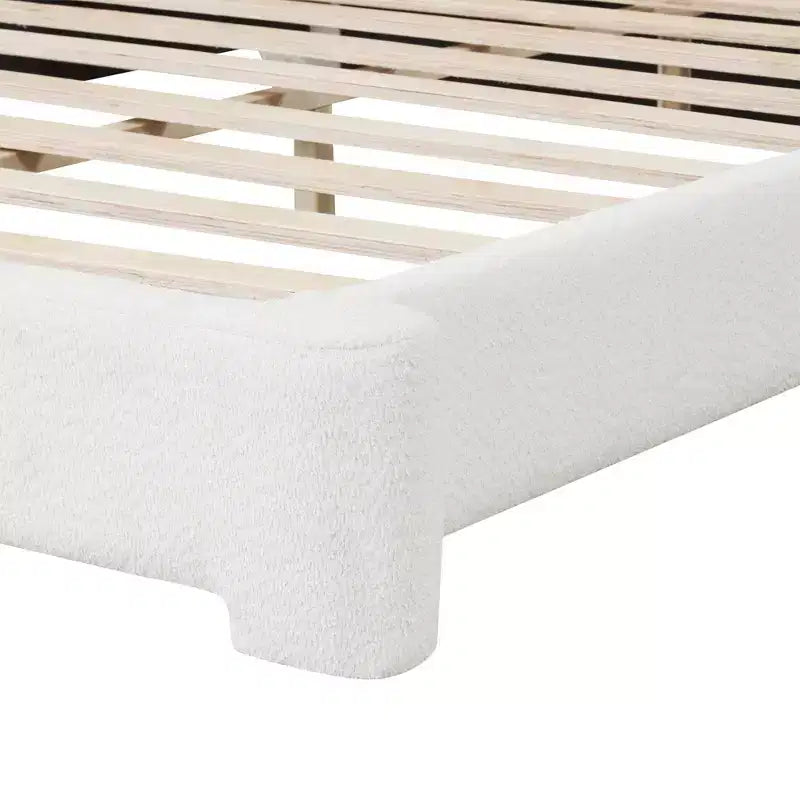 White Boucle Upholstered Bed Frame with Soft Curved Profile, Durable Wood Support and Easy Assembly for Cozy Modern Bedrooms, King