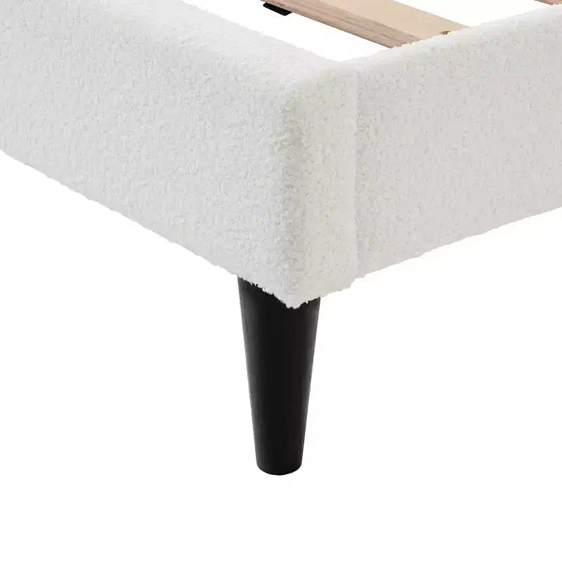 White Boucle Upholstered Bed Frame with Soft Curved Profile, Durable Wood Support and Easy Assembly for Cozy Modern Bedrooms, King