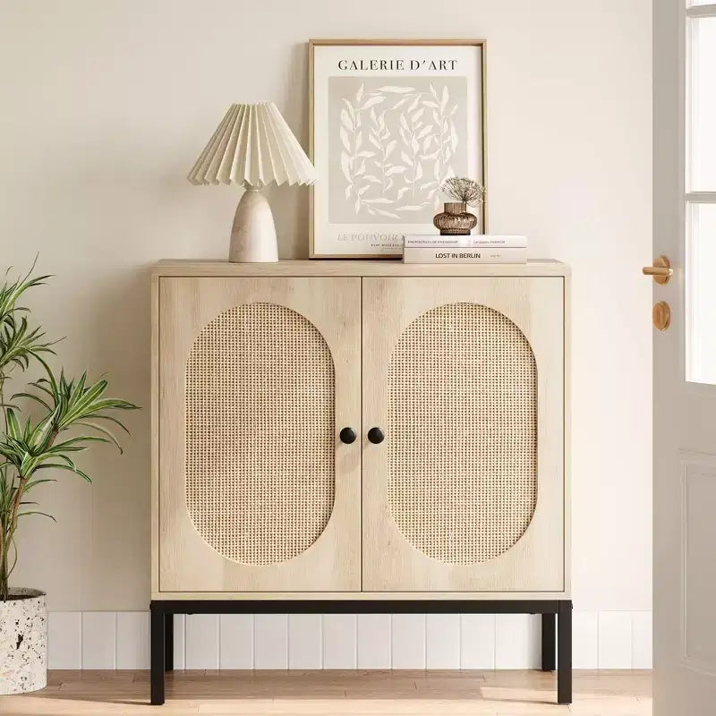 Set of 2 Rattan Sideboard Chest of Drawers, 2 Rattan & Wood Doors, 31.5inch Wide, Adjustable Shelves, Metal Feet for Hallway/Living Room/Kitchen