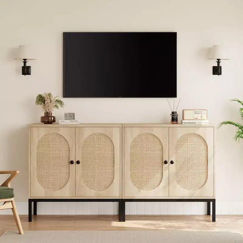 Set of 2 Rattan Sideboard Chest of Drawers, 2 Rattan & Wood Doors, 31.5inch Wide, Adjustable Shelves, Metal Feet for Hallway/Living Room/Kitchen