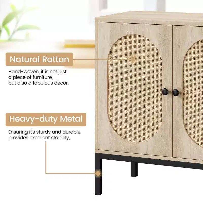 Set of 2 Rattan Sideboard Chest of Drawers, 2 Rattan & Wood Doors, 31.5inch Wide, Adjustable Shelves, Metal Feet for Hallway/Living Room/Kitchen