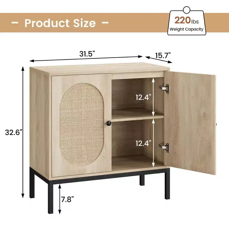 Set of 2 Rattan Sideboard Chest of Drawers, 2 Rattan & Wood Doors, 31.5inch Wide, Adjustable Shelves, Metal Feet for Hallway/Living Room/Kitchen