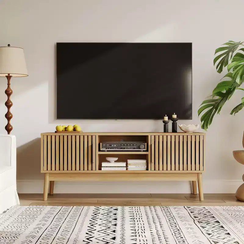 Modern Boho TV Stand for 50 Inch TV, Fluted Door Entertainment Center, Living Room Media Console Table with Open Shelves Cabinet