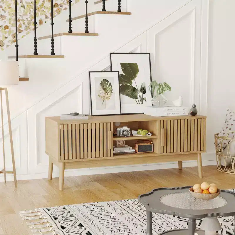 Modern Boho TV Stand for 50 Inch TV, Fluted Door Entertainment Center, Living Room Media Console Table with Open Shelves Cabinet