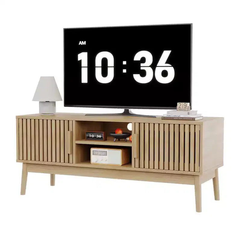 Modern Boho TV Stand for 50 Inch TV, Fluted Door Entertainment Center, Living Room Media Console Table with Open Shelves Cabinet