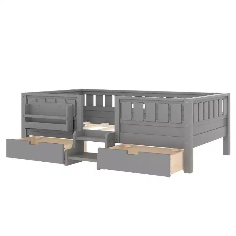 Bellemave Platform Bed with Built-in Bookshelves and Storage Drawers,Solid Wood Platform Bed Frame with Staircase and Rails for Kids