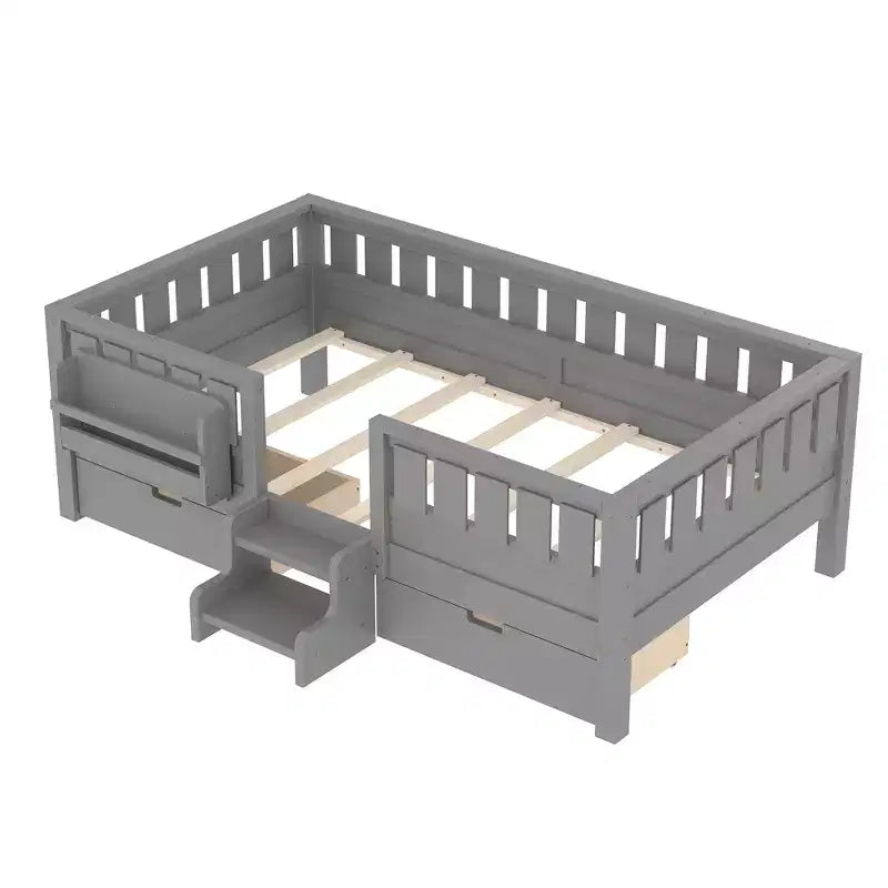 Bellemave Platform Bed with Built-in Bookshelves and Storage Drawers,Solid Wood Platform Bed Frame with Staircase and Rails for Kids