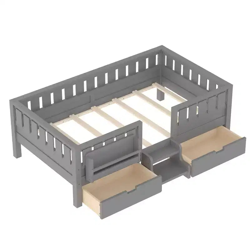 Bellemave Platform Bed with Built-in Bookshelves and Storage Drawers,Solid Wood Platform Bed Frame with Staircase and Rails for Kids