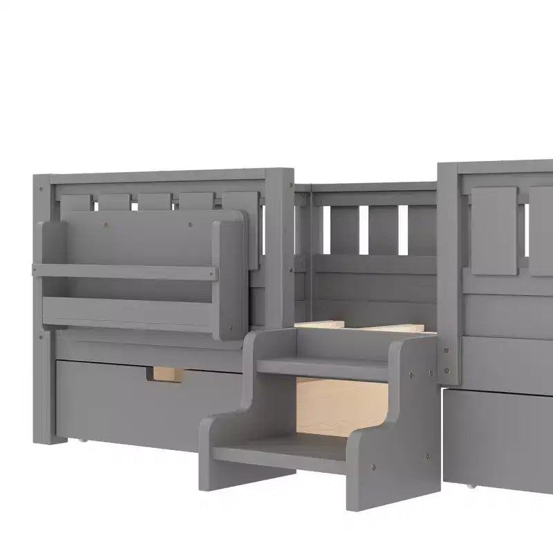 Bellemave Platform Bed with Built-in Bookshelves and Storage Drawers,Solid Wood Platform Bed Frame with Staircase and Rails for Kids