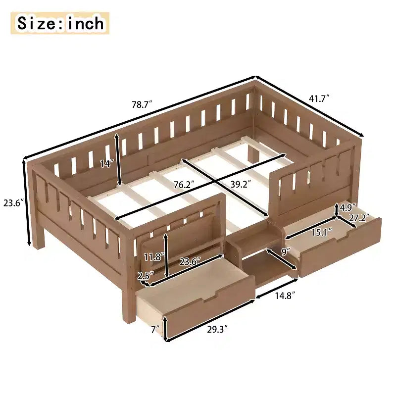 Bellemave Platform Bed with Built-in Bookshelves and Storage Drawers,Solid Wood Platform Bed Frame with Staircase and Rails for Kids