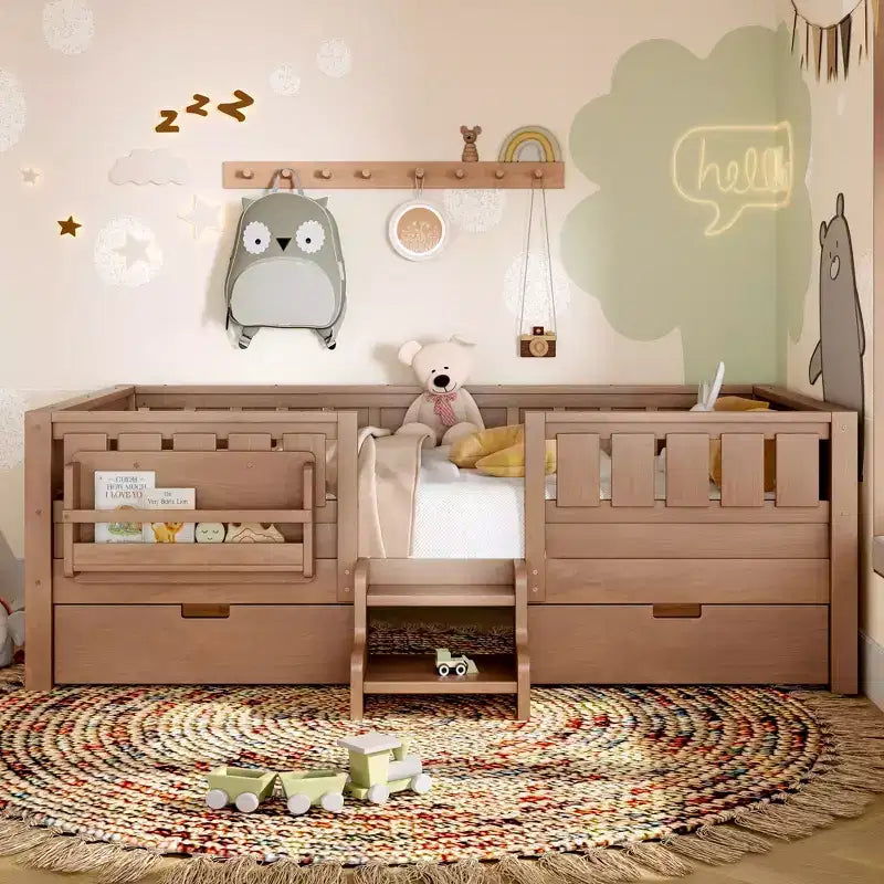 Bellemave Platform Bed with Built-in Bookshelves and Storage Drawers,Solid Wood Platform Bed Frame with Staircase and Rails for Kids