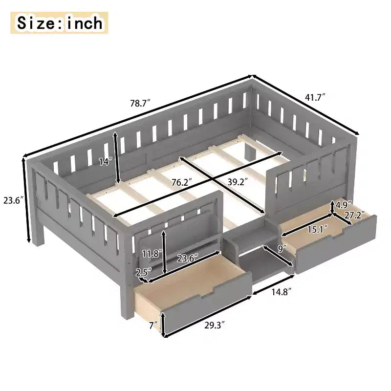 Bellemave Platform Bed with Built-in Bookshelves and Storage Drawers,Solid Wood Platform Bed Frame with Staircase and Rails for Kids