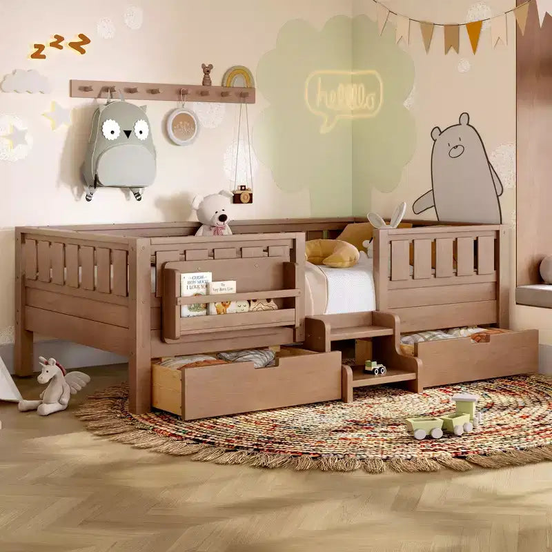 Bellemave Platform Bed with Built-in Bookshelves and Storage Drawers,Solid Wood Platform Bed Frame with Staircase and Rails for Kids