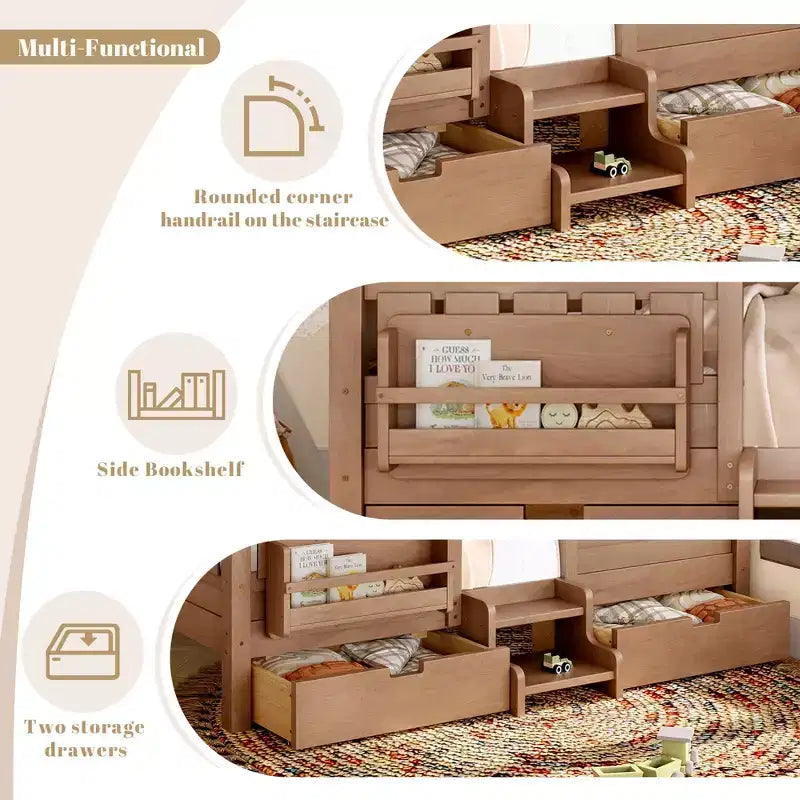 Bellemave Platform Bed with Built-in Bookshelves and Storage Drawers,Solid Wood Platform Bed Frame with Staircase and Rails for Kids