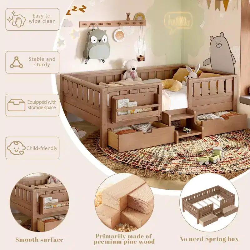 Bellemave Platform Bed with Built-in Bookshelves and Storage Drawers,Solid Wood Platform Bed Frame with Staircase and Rails for Kids