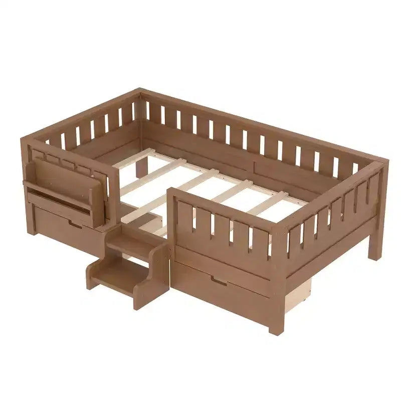 Bellemave Platform Bed with Built-in Bookshelves and Storage Drawers,Solid Wood Platform Bed Frame with Staircase and Rails for Kids