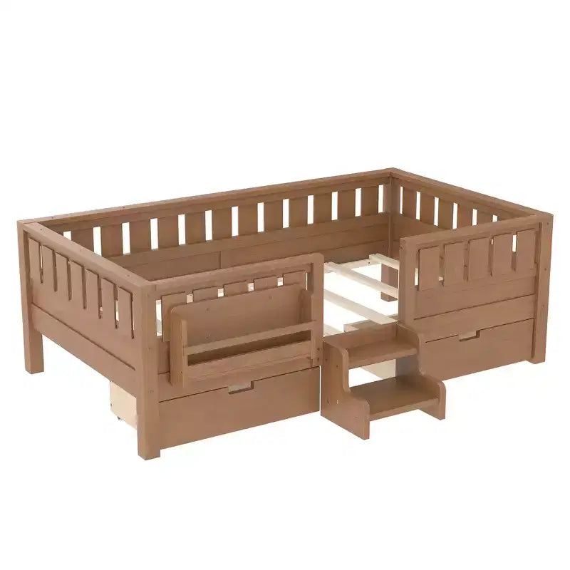 Bellemave Platform Bed with Built-in Bookshelves and Storage Drawers,Solid Wood Platform Bed Frame with Staircase and Rails for Kids