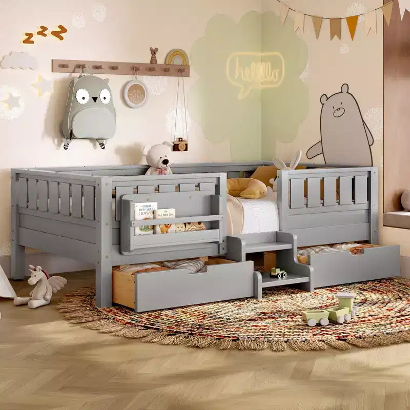 Bellemave Platform Bed with Built-in Bookshelves and Storage Drawers,Solid Wood Platform Bed Frame with Staircase and Rails for Kids