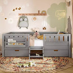 Bellemave Platform Bed with Built-in Bookshelves and Storage Drawers,Solid Wood Platform Bed Frame with Staircase and Rails for Kids