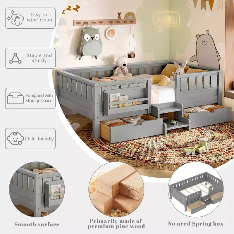 Bellemave Platform Bed with Built-in Bookshelves and Storage Drawers,Solid Wood Platform Bed Frame with Staircase and Rails for Kids