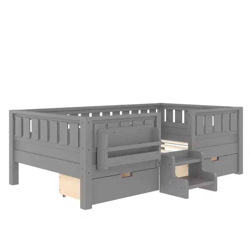 Bellemave Platform Bed with Built-in Bookshelves and Storage Drawers,Solid Wood Platform Bed Frame with Staircase and Rails for Kids