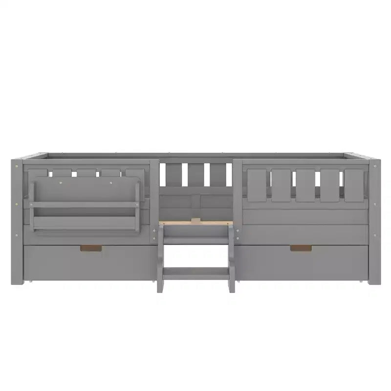 Bellemave Platform Bed with Built-in Bookshelves and Storage Drawers,Solid Wood Platform Bed Frame with Staircase and Rails for Kids