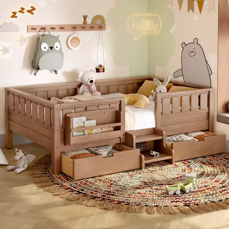 Bellemave Platform Bed with Built-in Bookshelves and Storage Drawers,Solid Wood Platform Bed Frame with Staircase and Rails for Kids
