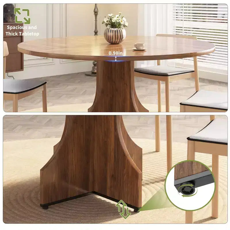 Modern Dining Table for 4-6, 47-Inch Round Table for Kitchen & Dining Room, Built-in Storage Shelf, Adjustable Feet, Easy to Assemble & Clean