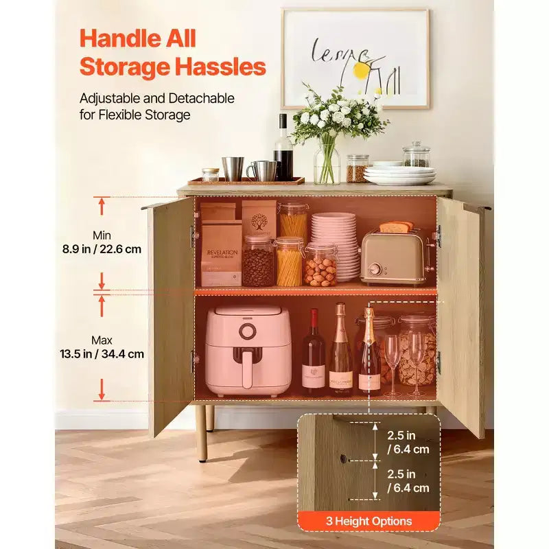 VEVOR Coffee Bar Cabinet, Mid Century Fluted Coffee Bar Table with 2-Tier Storage & 4 Barn Doors, 31.5x14.7x31.5 in(Single), Wood Color