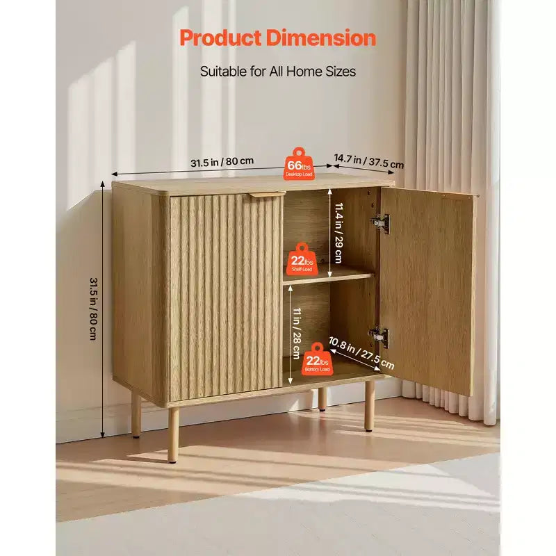 VEVOR Coffee Bar Cabinet, Mid Century Fluted Coffee Bar Table with 2-Tier Storage & 4 Barn Doors, 31.5x14.7x31.5 in(Single), Wood Color