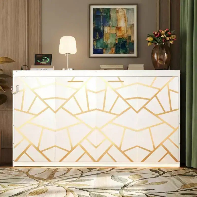 Polibi Side-Folding Murphy Bed with LED Under-Bed Light, USB Power Top & Geometric Printed Front