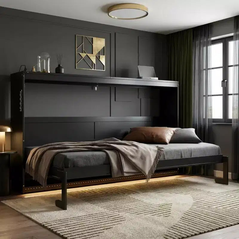 Polibi Side-Folding Murphy Bed with LED Under-Bed Light, USB Power Top & Geometric Printed Front