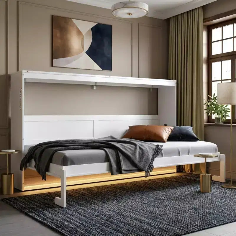 Polibi Side-Folding Murphy Bed with LED Under-Bed Light, USB Power Top & Geometric Printed Front