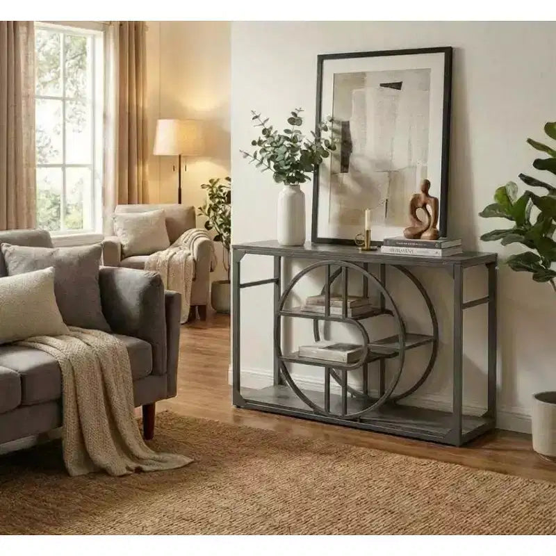 Industrial O-Shaped Console Table - 5-Tier Narrow Entryway Table with Storage Shelves - Rustic Farmhouse Sofa Table for Hallway & Living Room
