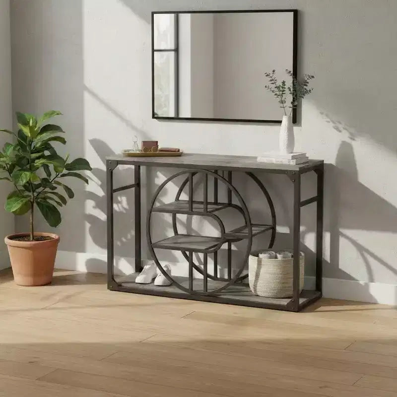 Industrial O-Shaped Console Table - 5-Tier Narrow Entryway Table with Storage Shelves - Rustic Farmhouse Sofa Table for Hallway & Living Room