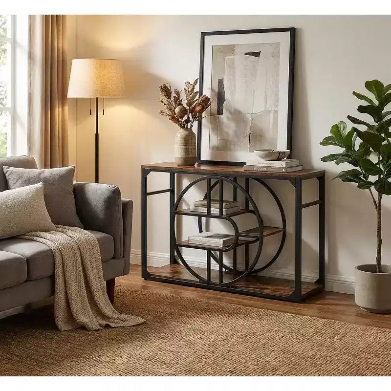 Industrial O-Shaped Console Table - 5-Tier Narrow Entryway Table with Storage Shelves - Rustic Farmhouse Sofa Table for Hallway & Living Room