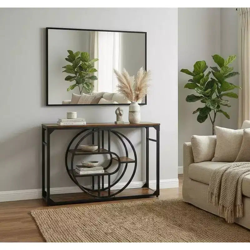 Industrial O-Shaped Console Table - 5-Tier Narrow Entryway Table with Storage Shelves - Rustic Farmhouse Sofa Table for Hallway & Living Room