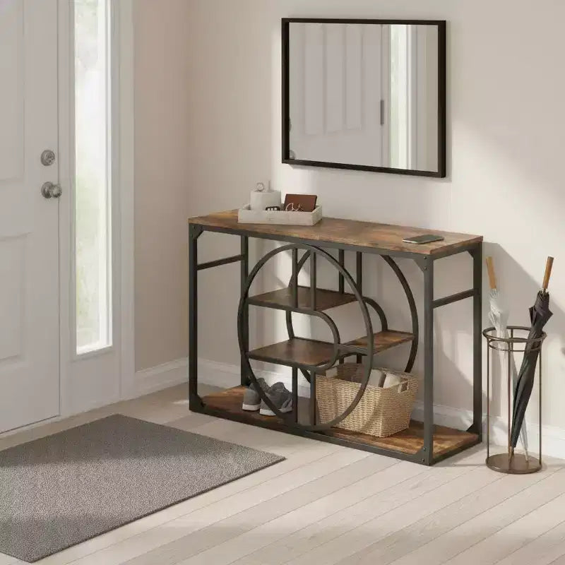 Industrial O-Shaped Console Table - 5-Tier Narrow Entryway Table with Storage Shelves - Rustic Farmhouse Sofa Table for Hallway & Living Room