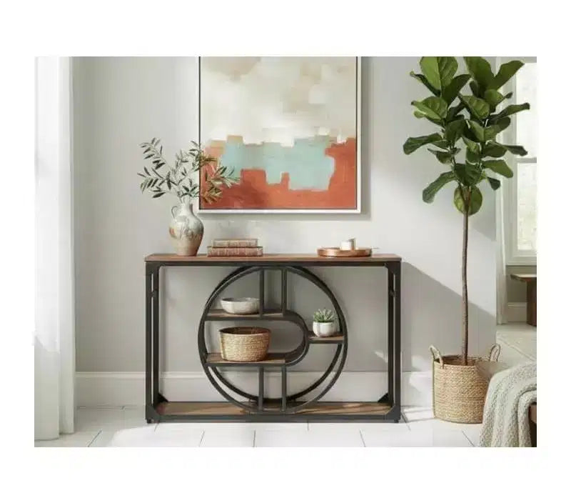 Industrial O-Shaped Console Table - 5-Tier Narrow Entryway Table with Storage Shelves - Rustic Farmhouse Sofa Table for Hallway & Living Room