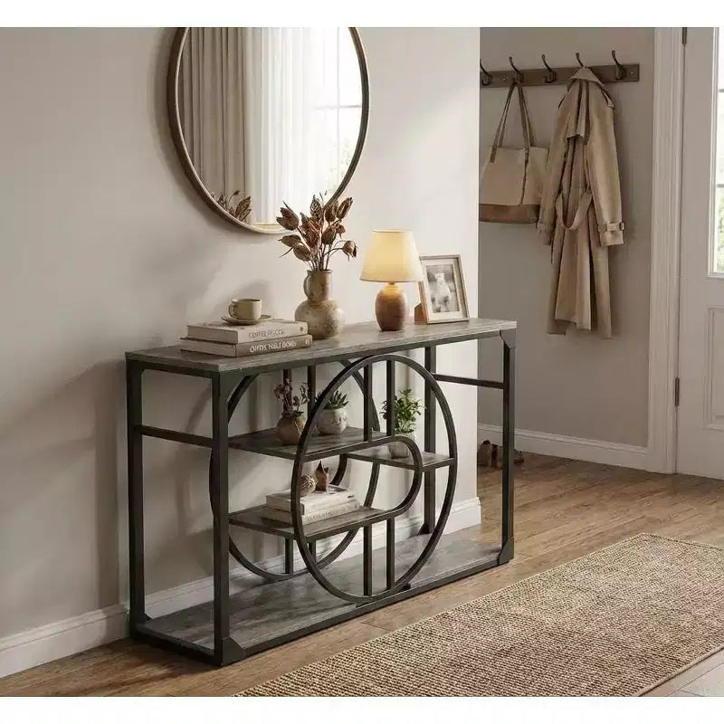 Industrial O-Shaped Console Table - 5-Tier Narrow Entryway Table with Storage Shelves - Rustic Farmhouse Sofa Table for Hallway & Living Room