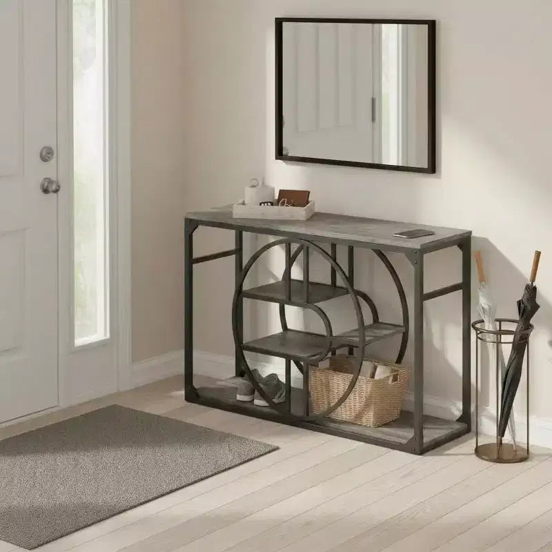 Industrial O-Shaped Console Table - 5-Tier Narrow Entryway Table with Storage Shelves - Rustic Farmhouse Sofa Table for Hallway & Living Room