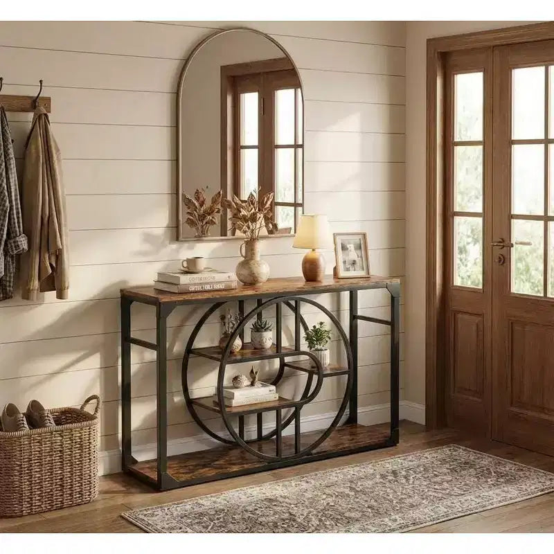 Industrial O-Shaped Console Table - 5-Tier Narrow Entryway Table with Storage Shelves - Rustic Farmhouse Sofa Table for Hallway & Living Room