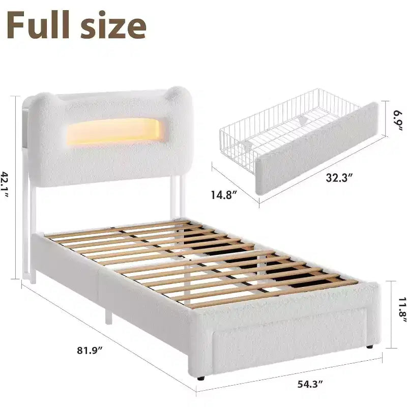 LED Bed Frame with Storage Headboard, Upholstered Platform Bed with Charging Station & Drawer, No Box Spring Needed