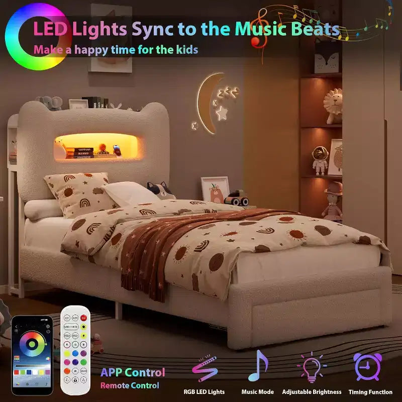 LED Bed Frame with Storage Headboard, Upholstered Platform Bed with Charging Station & Drawer, No Box Spring Needed
