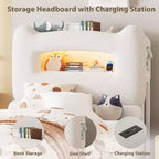 LED Bed Frame with Storage Headboard, Upholstered Platform Bed with Charging Station & Drawer, No Box Spring Needed