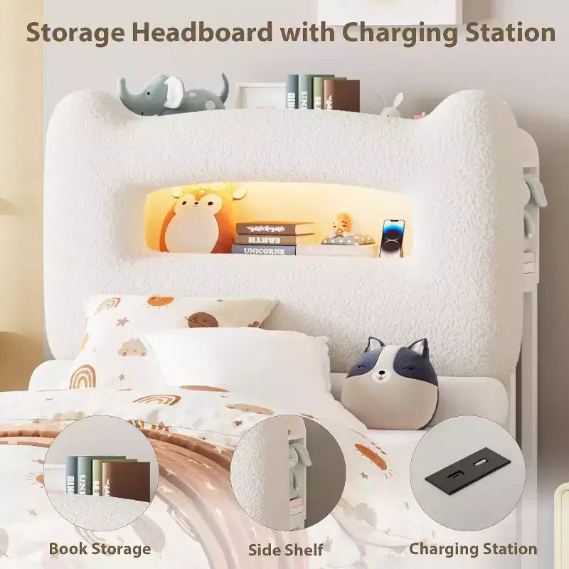 LED Bed Frame with Storage Headboard, Upholstered Platform Bed with Charging Station & Drawer, No Box Spring Needed