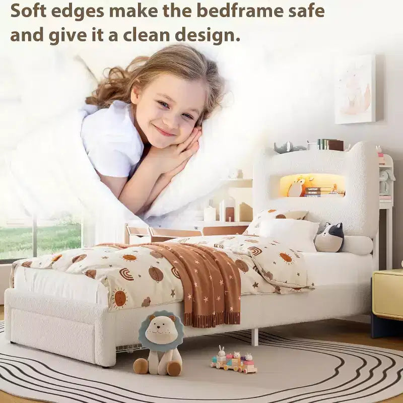 LED Bed Frame with Storage Headboard, Upholstered Platform Bed with Charging Station & Drawer, No Box Spring Needed